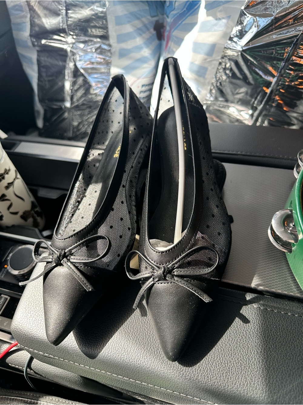 Women's Black Pointed Bow Flats with Polka Mesh